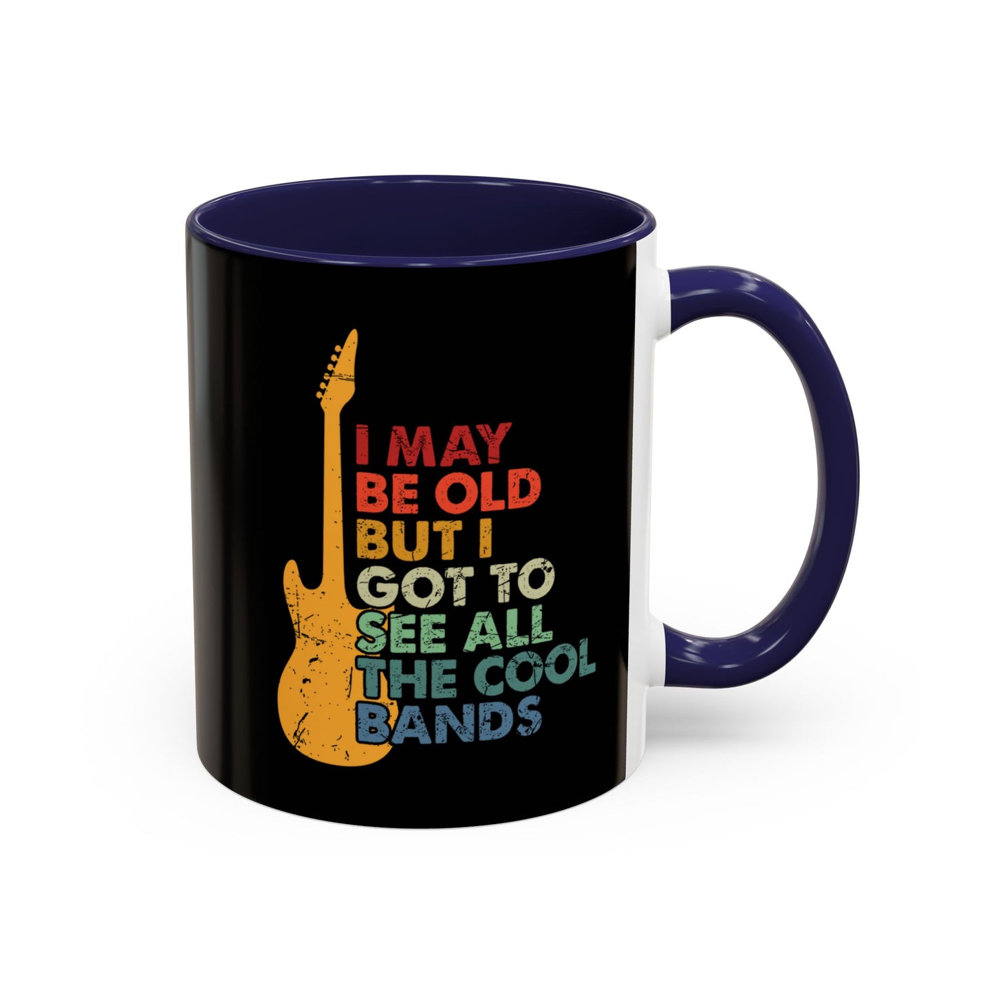 Black mug with colorful text and guitar design on a white background