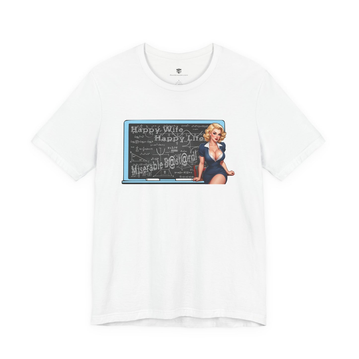 White t-shirt with a graphic of a woman in a dress and text on a white background