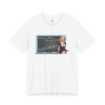 White t-shirt with a graphic of a woman in a dress and text on a white background