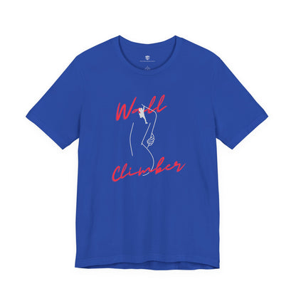 Blue t-shirt with 'Wall Climber' graphic design on a white background