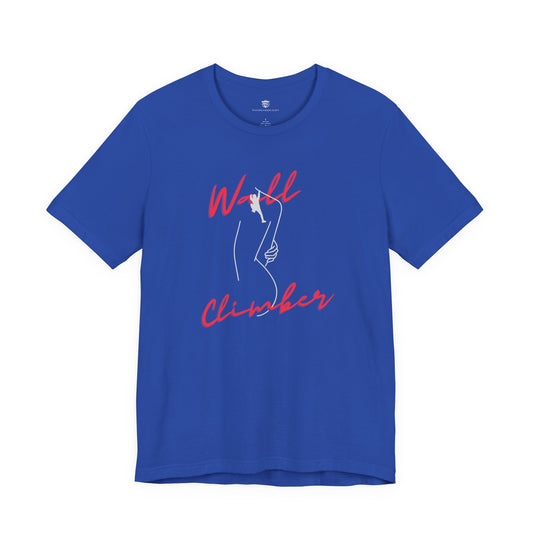 Blue t-shirt with 'Wall Climber' graphic design on a white background