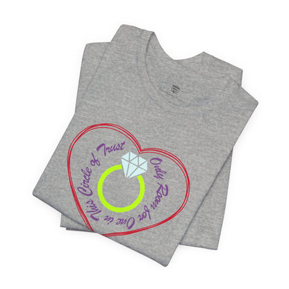 Gray t-shirt with a heart-shaped design featuring text and a ring graphic on a white background