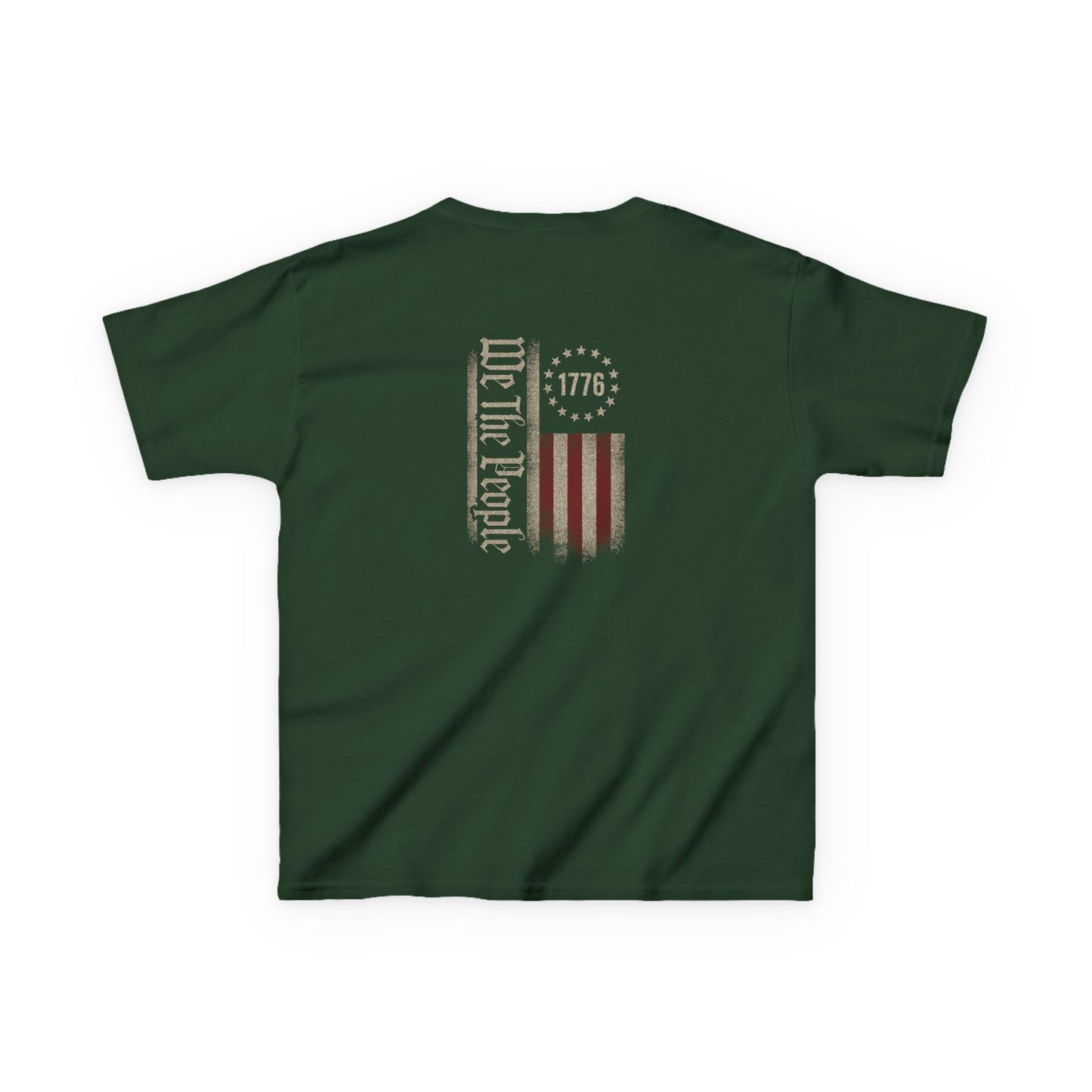 Green t-shirt with a graphic design on the back featuring 'We The People' text and a flag.