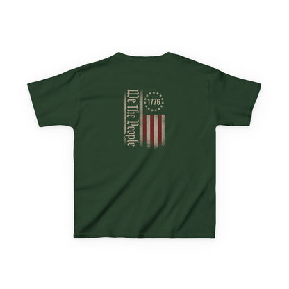 Green t-shirt with a graphic design on the back featuring 'We The People' text and a flag.