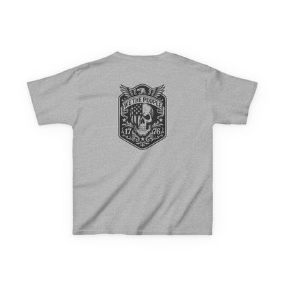 Gray t-shirt with a black graphic design on the back against a white background