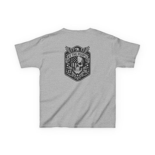 Gray t-shirt with a black graphic design on the back against a white background