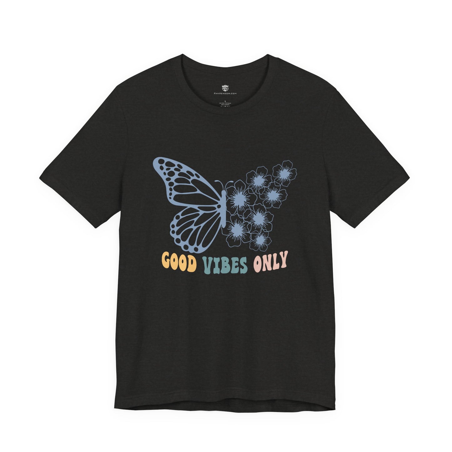 Black t-shirt with a butterfly graphic and text on a white background
