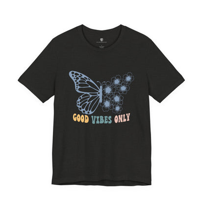 Black t-shirt with a butterfly graphic and text on a white background