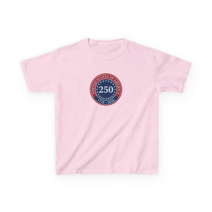 Pink t-shirt with a circular logo featuring the number 250 on a white background