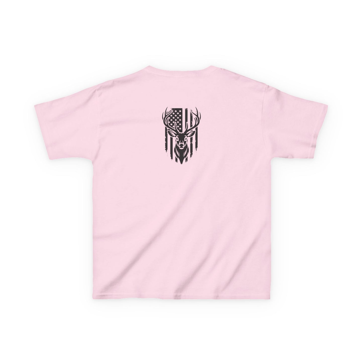 Pink t-shirt with a black graphic design on a white background