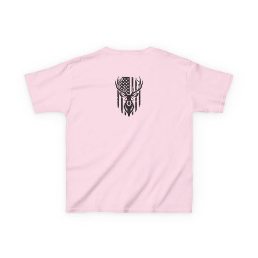Pink t-shirt with a black graphic design on a white background