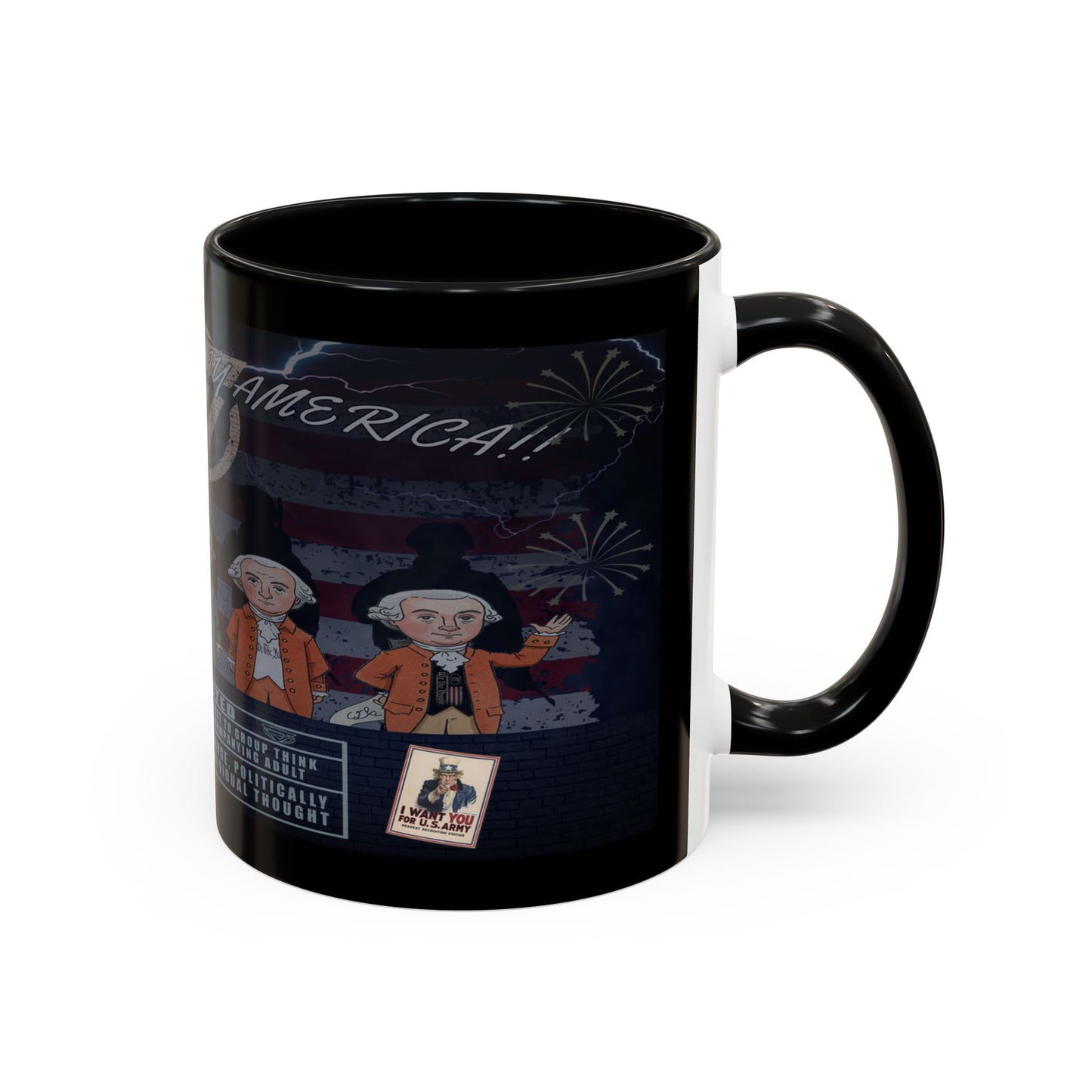Black mug with a design of two figures and fireworks on a white background