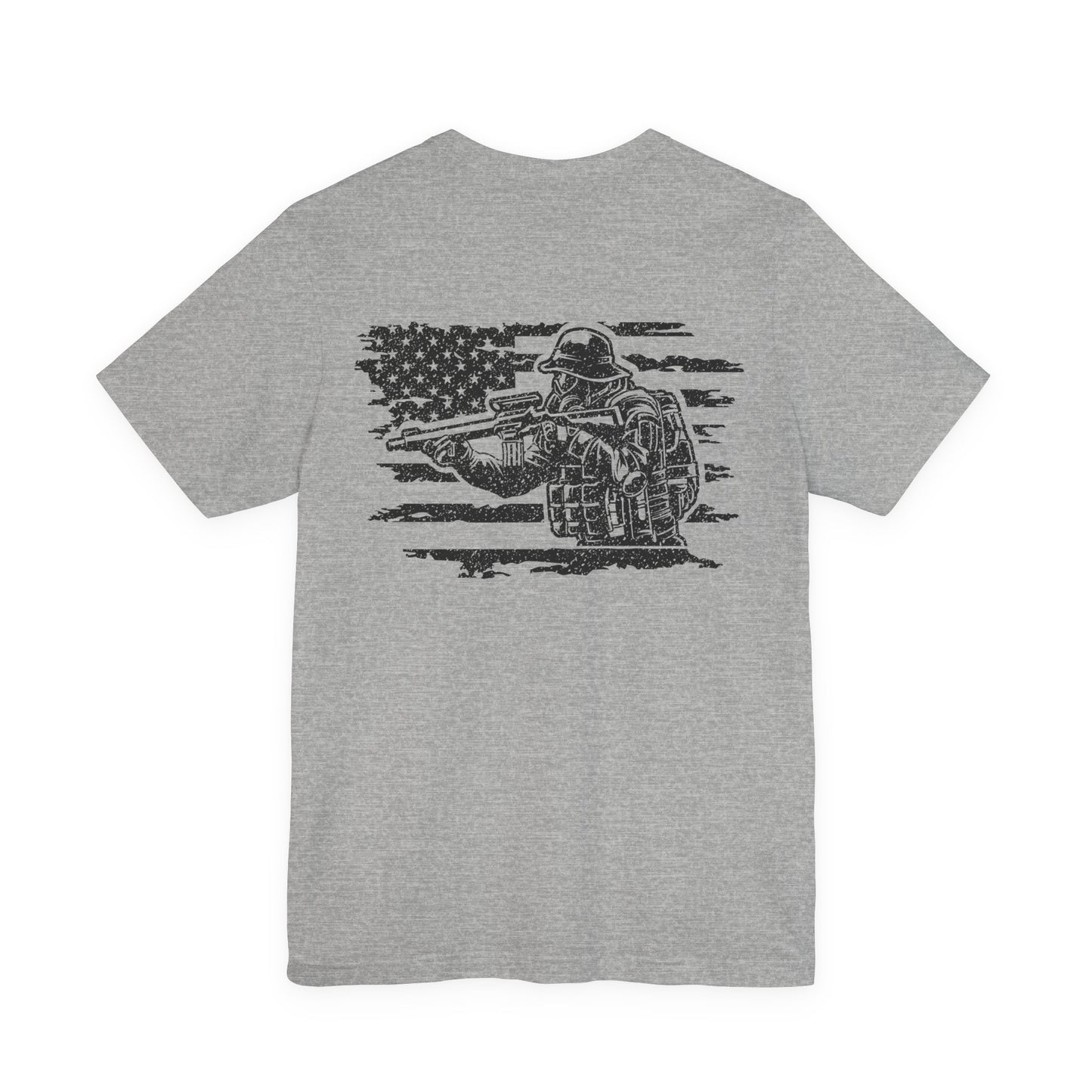 Gray t-shirt with black graphic of a soldier holding a rifle on a white background
