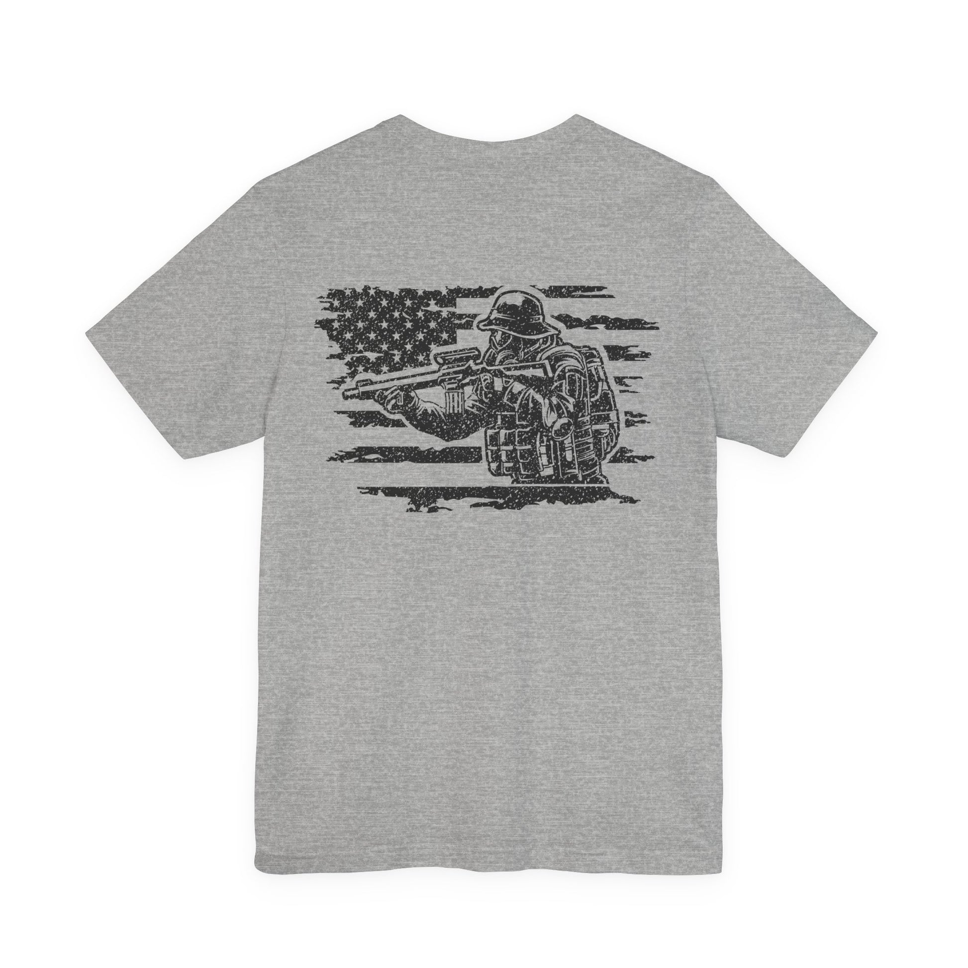 Gray t-shirt with black graphic of a soldier holding a rifle on a white background