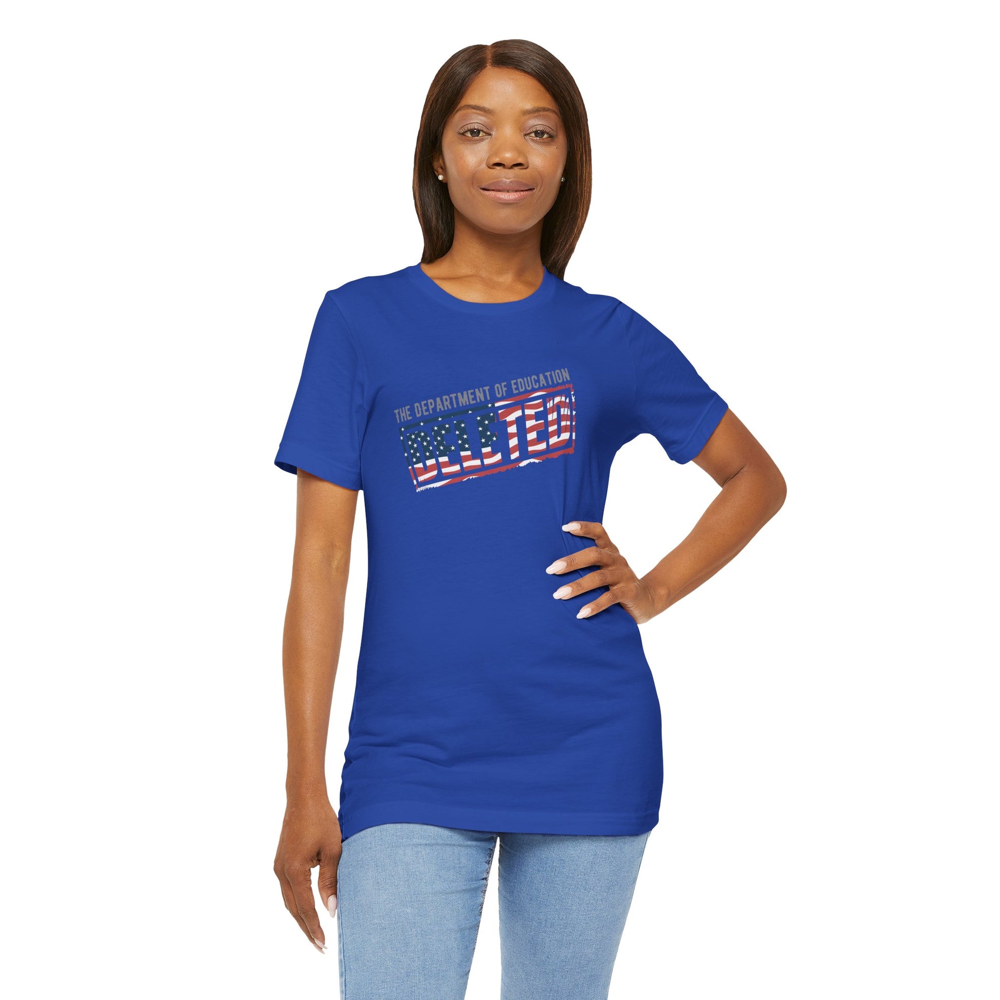 Woman wearing a blue t-shirt with text and an American flag design on a white background