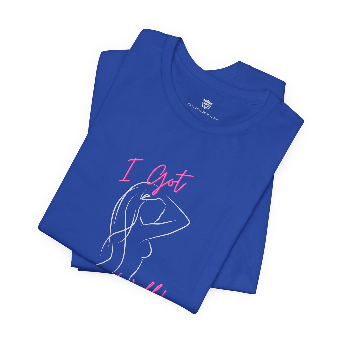 Blue t-shirt with owl graphic and text on a white background