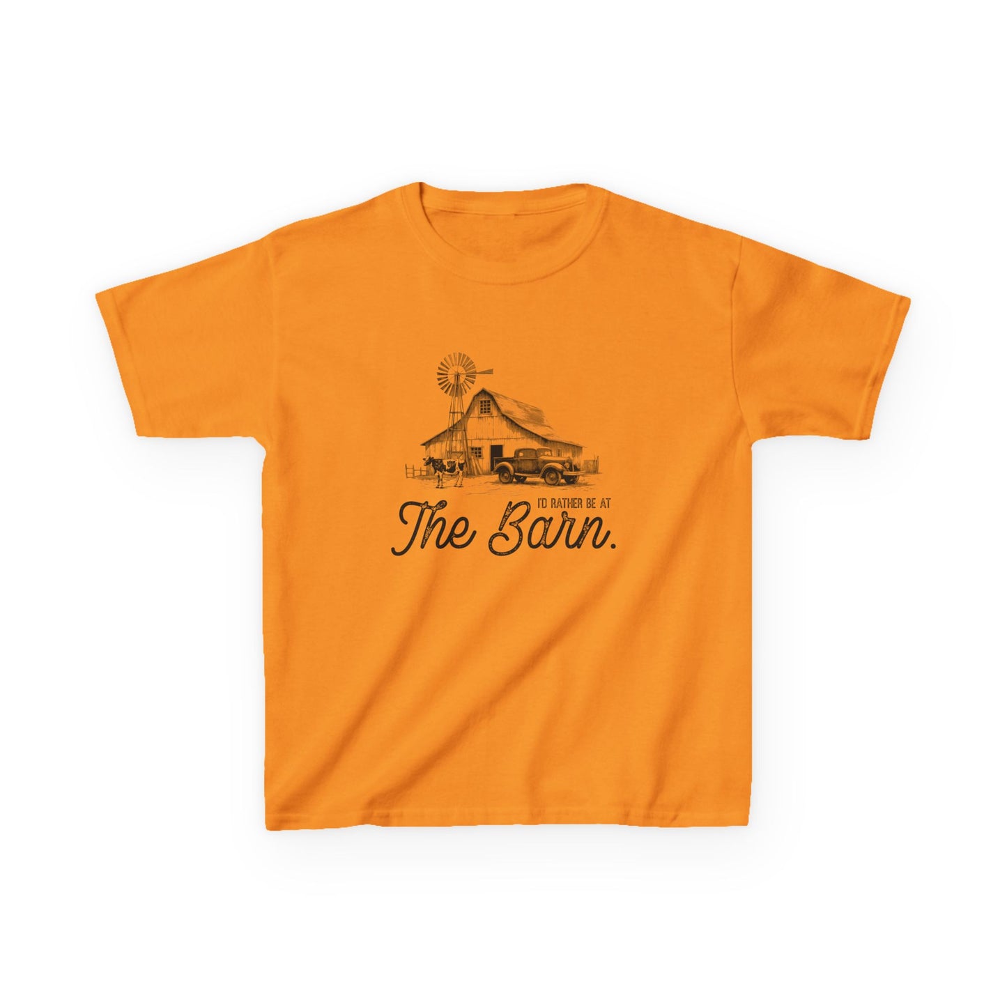 Orange t-shirt with a graphic of a barn and text on a white background