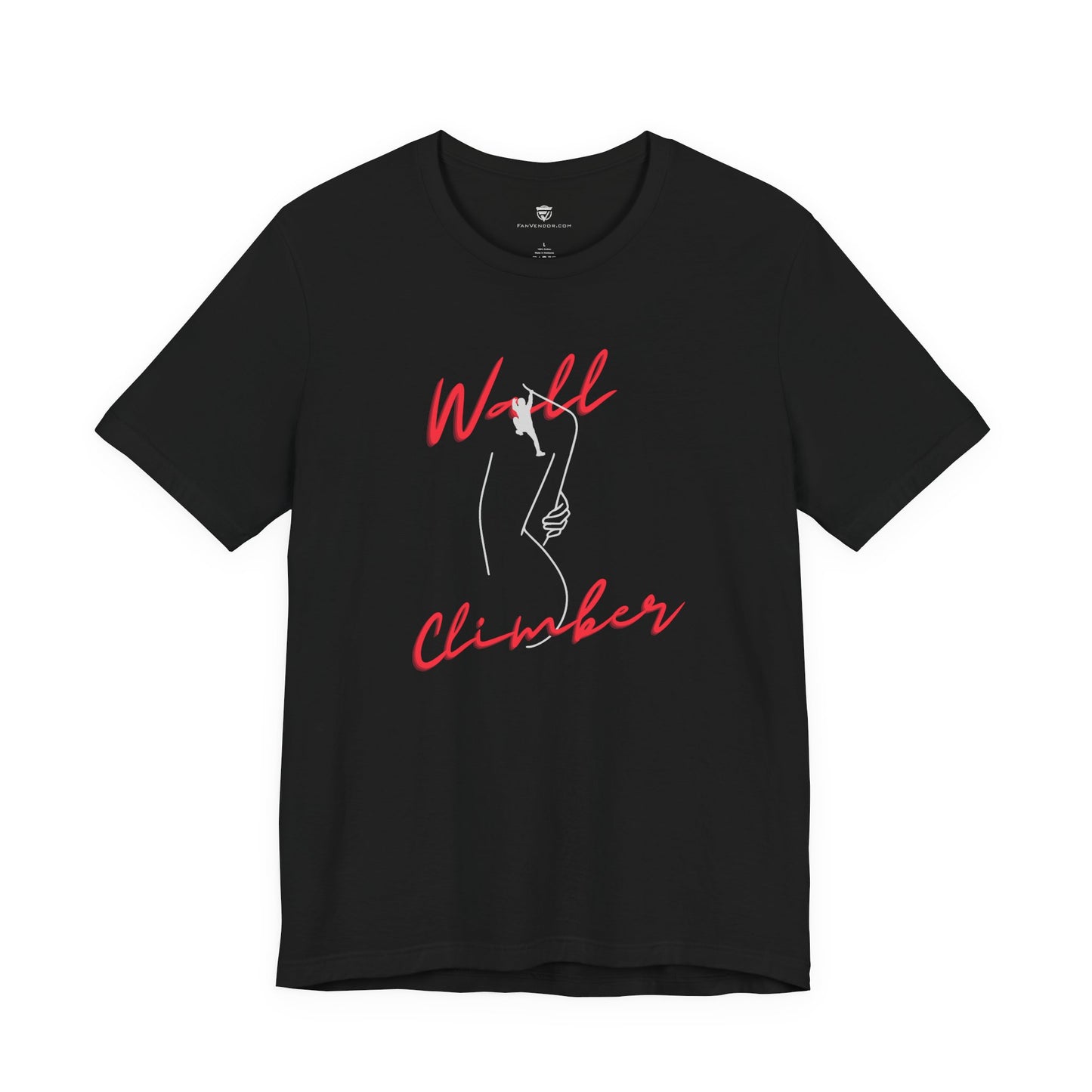 Black t-shirt with 'Wall Climber' graphic design on a white background