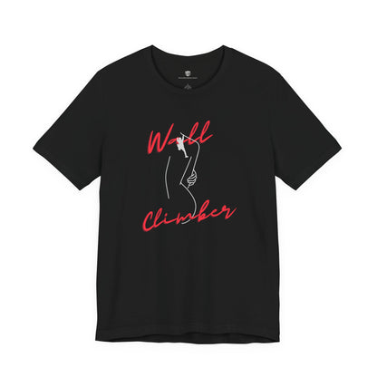 Black t-shirt with 'Wall Climber' graphic design on a white background