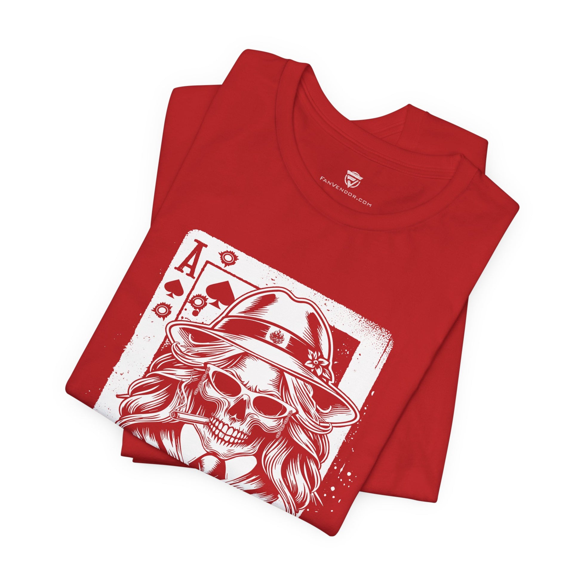 Red t-shirt with a skull and card design on a white background