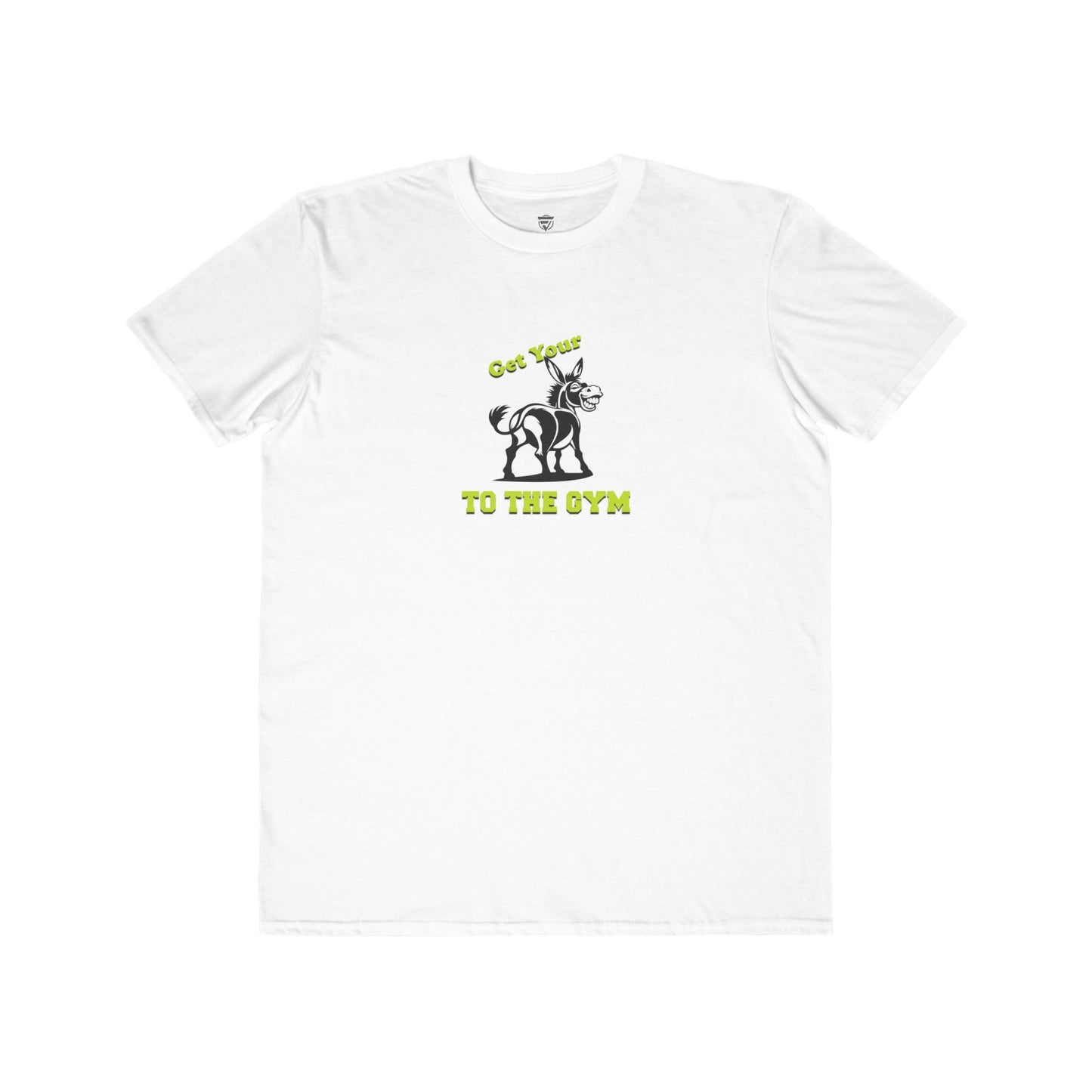 White t-shirt with black and green graphic and text on a white background