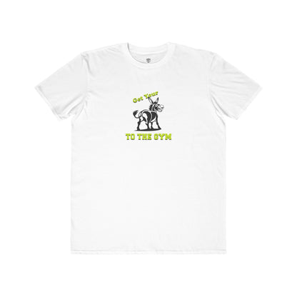 White t-shirt with black and green graphic and text on a white background