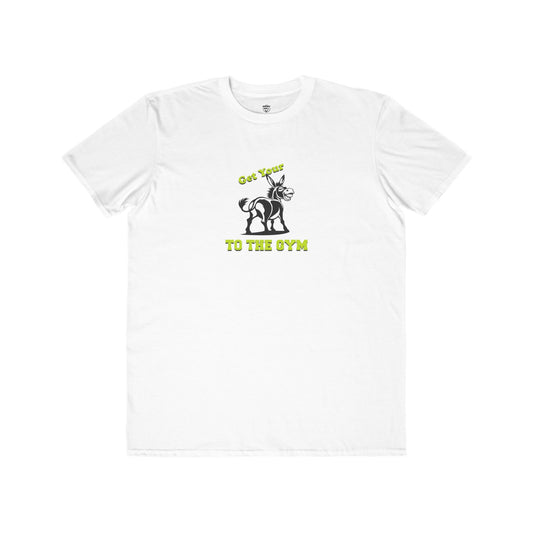 White t-shirt with black and green graphic and text on a white background