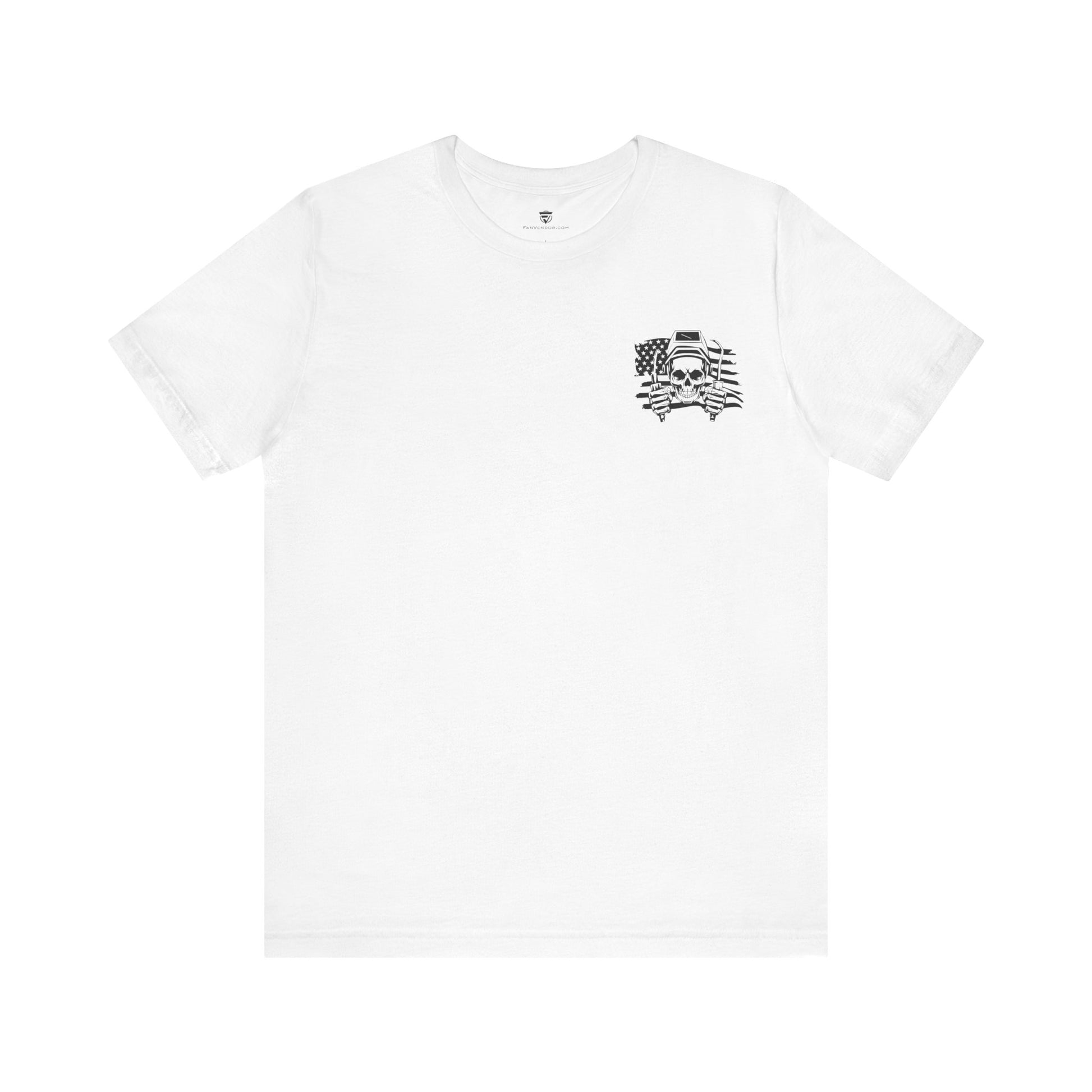 White t-shirt with a black graphic design on a white background