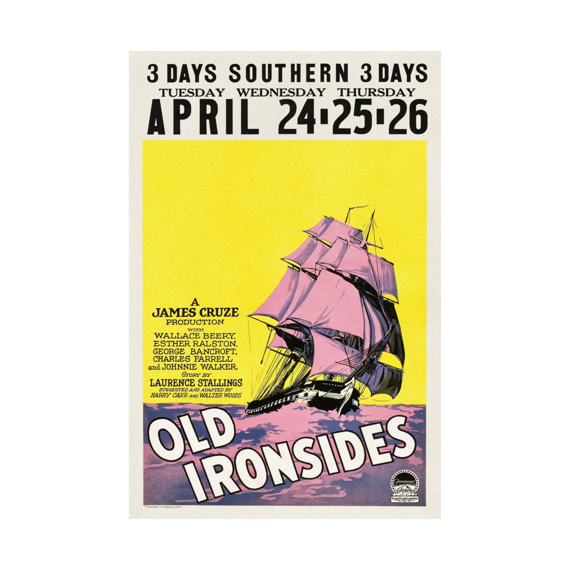Vintage-style poster for 'Old Ironsides' with a ship illustration and event details.