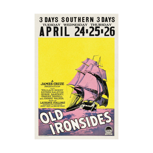 Vintage-style poster for 'Old Ironsides' with a ship illustration and event details.