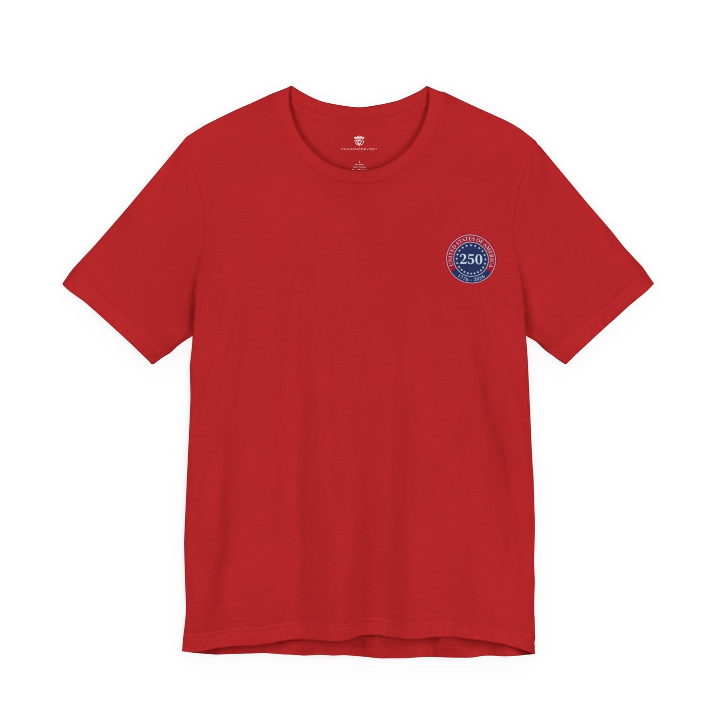 Red t-shirt with a small logo on the chest against a white background