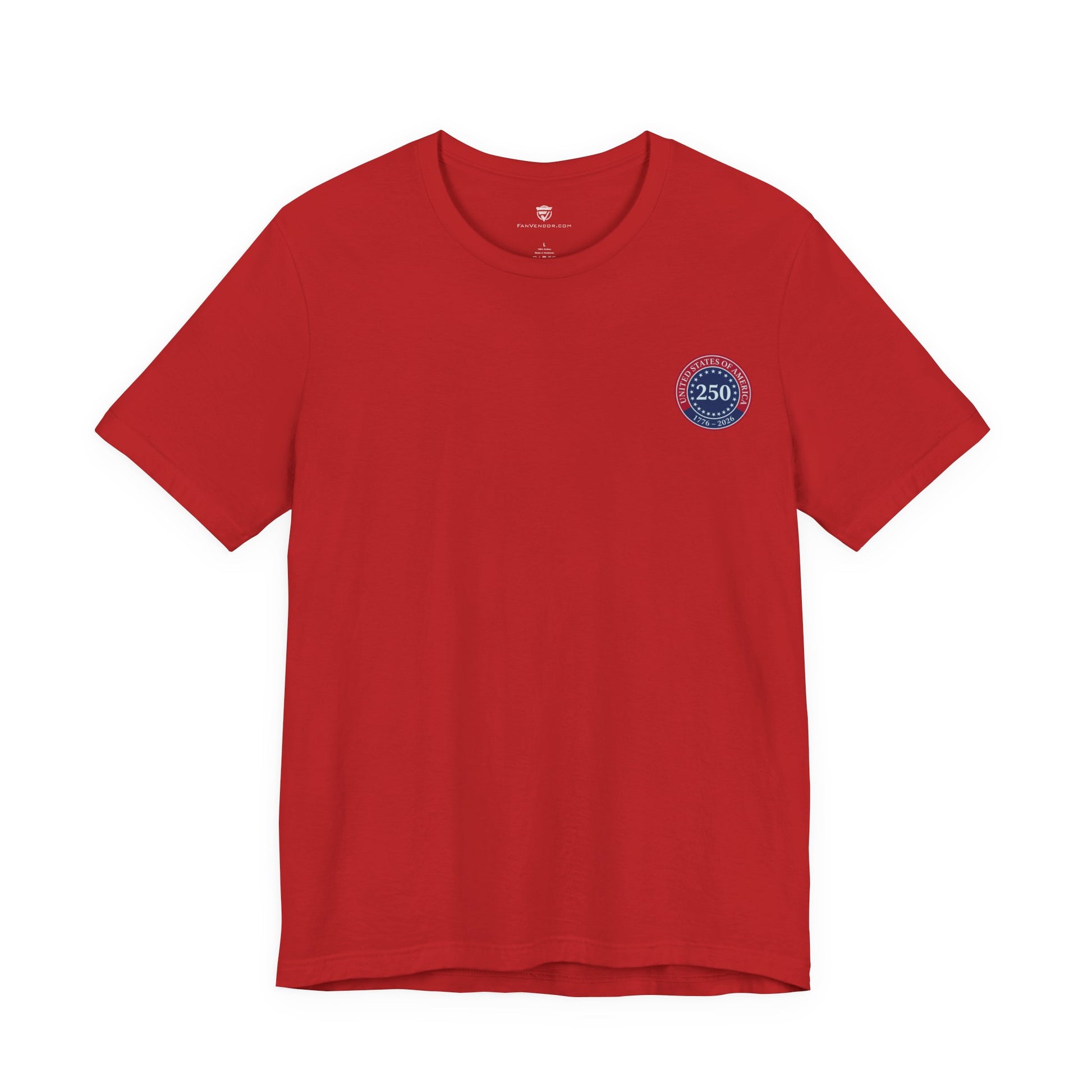 Red t-shirt with a small logo on the chest against a white background