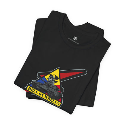 Black t-shirt with a graphic design of a tank and text 'Hell on Wheels' on a white background.
