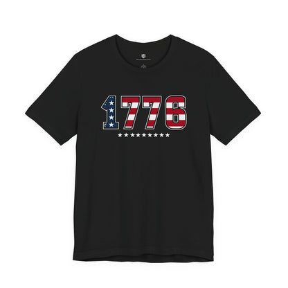 Black t-shirt with '1776' design featuring stars and stripes on a white background