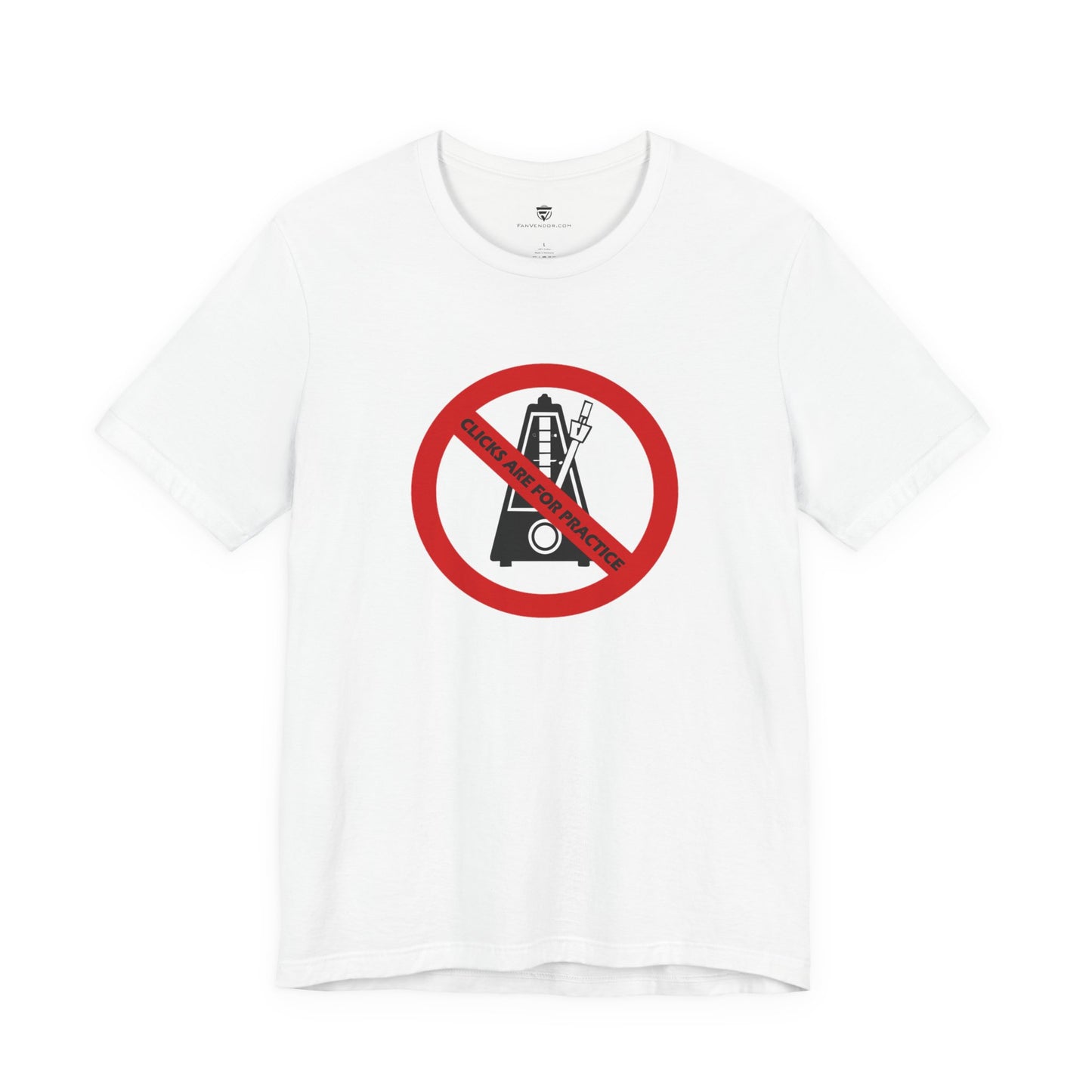 White t-shirt with a red prohibition sign over a black graphic on a white background