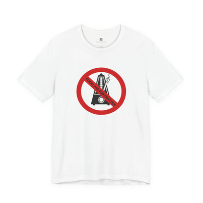 White t-shirt with a red prohibition sign over a black graphic on a white background