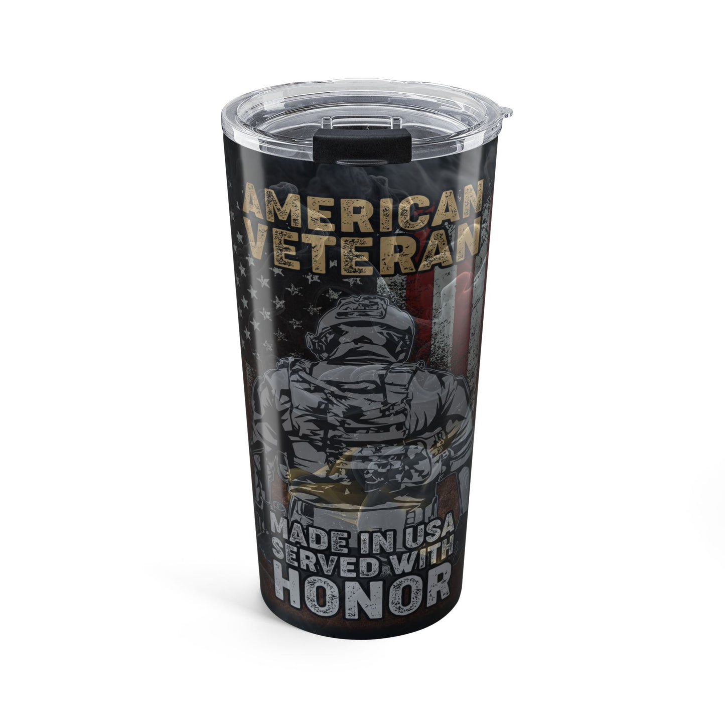 Tumbler with 'American Veteran' design featuring a soldier and American flag on a white background