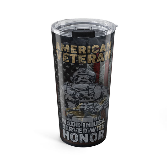 Tumbler with 'American Veteran' design featuring a soldier and American flag on a white background