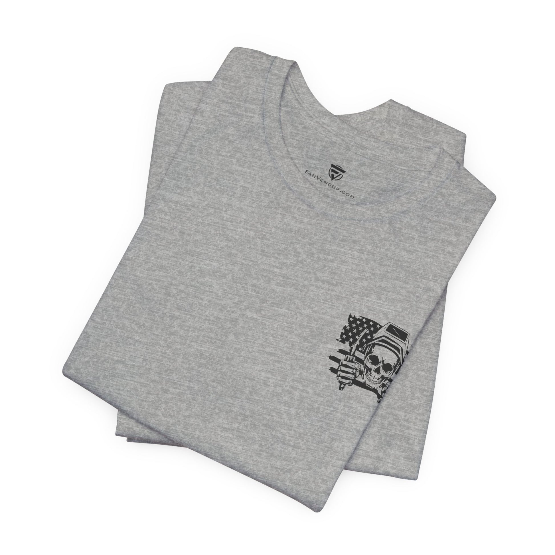 Folded gray t-shirt with a graphic design on a white background