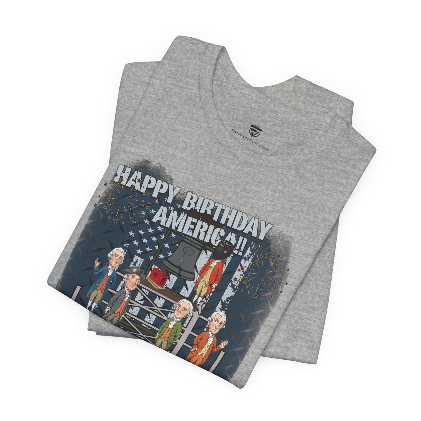 Gray t-shirt with graphic design and text 'Happy Birthday America' on a white background