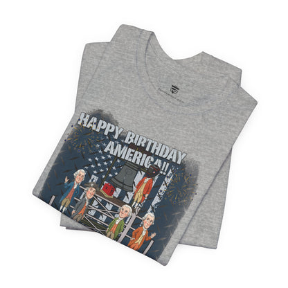 Gray t-shirt with graphic design and text 'Happy Birthday America' on a white background