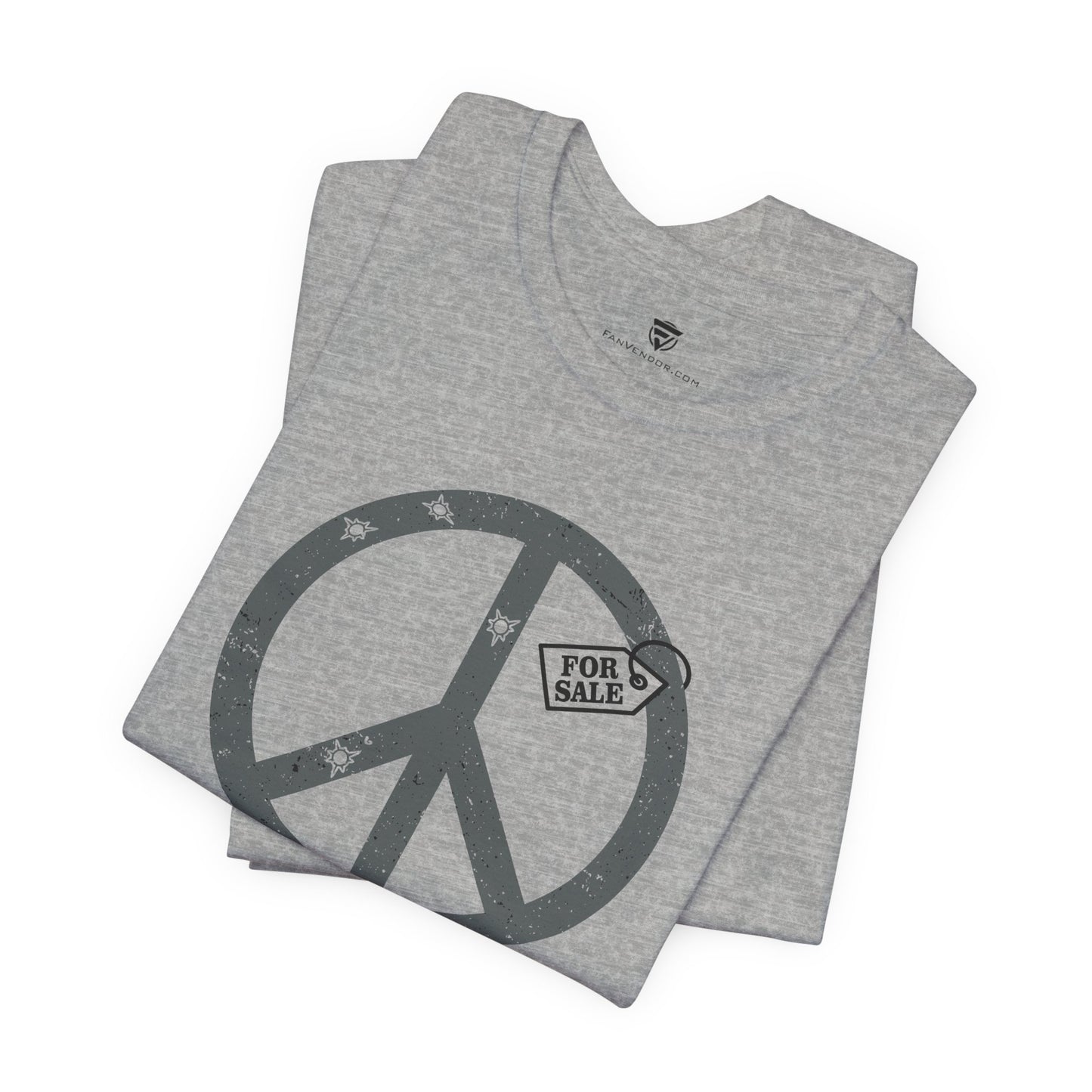 Folded gray t-shirt with peace symbol and 'For Sale' text on a white background