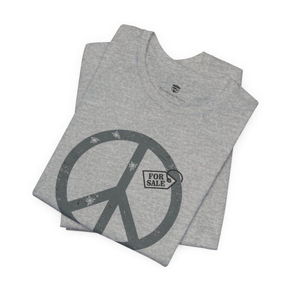 Folded gray t-shirt with peace symbol and 'For Sale' text on a white background