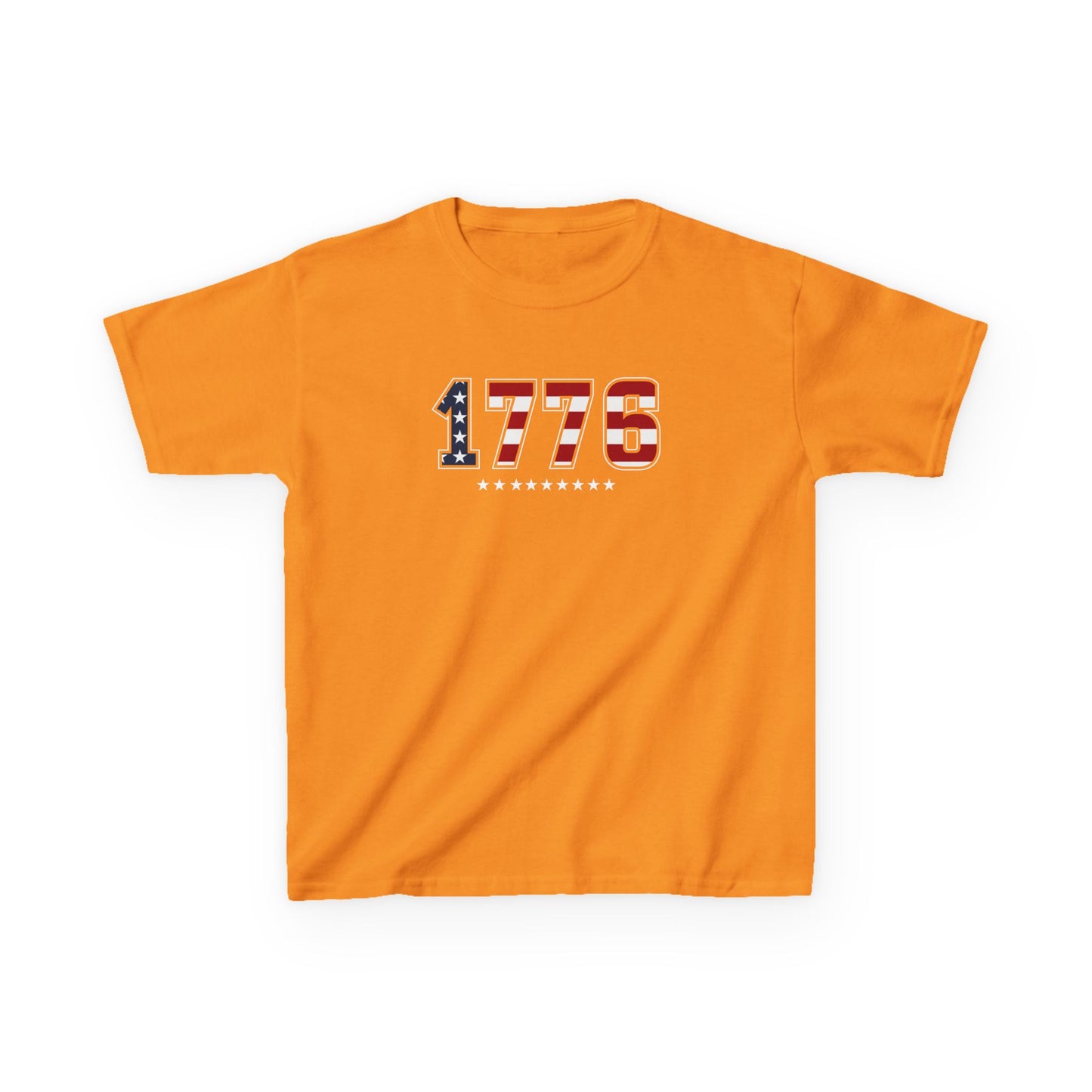 Orange t-shirt with '1776' printed on a white background