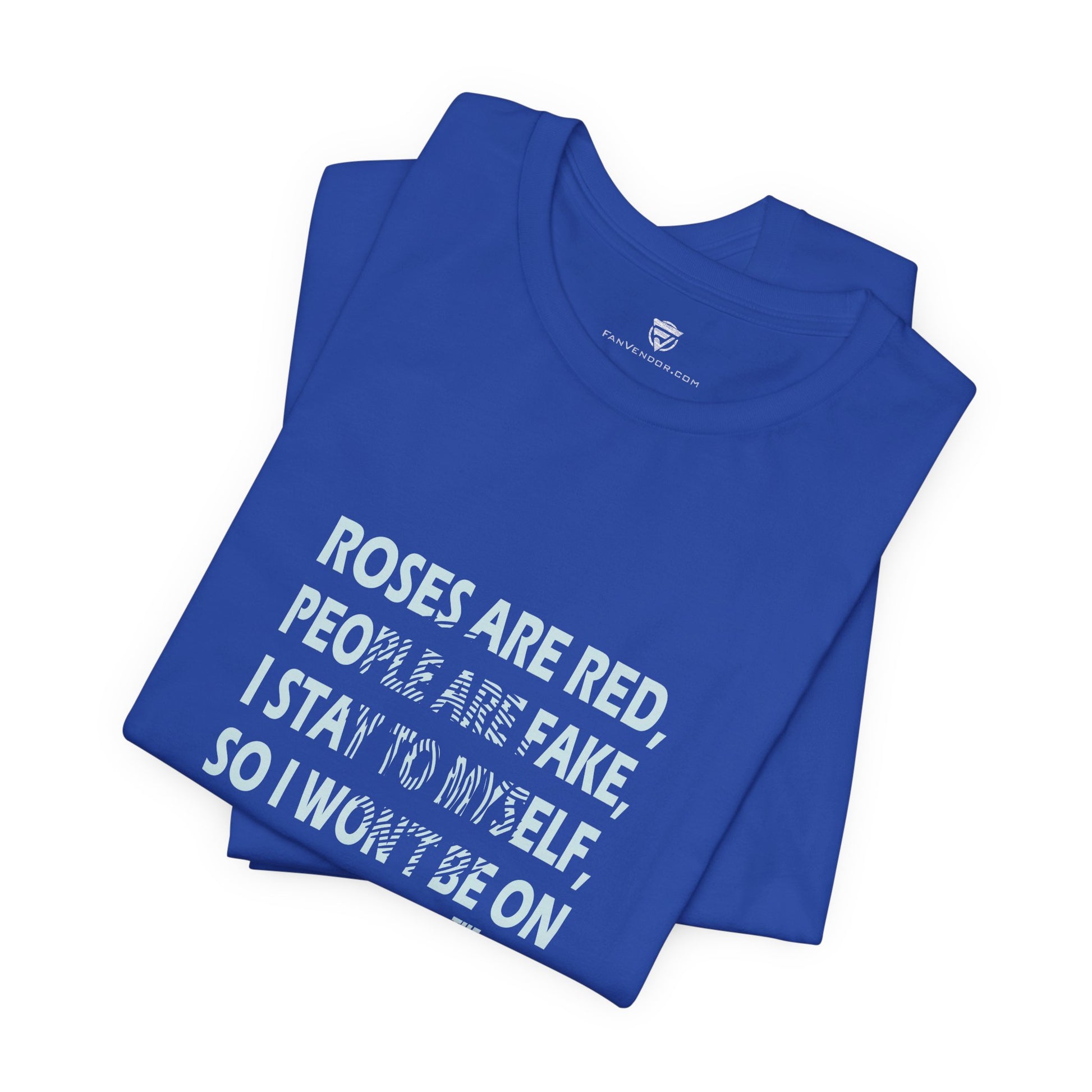 Folded blue t-shirt with humorous text design on a white background