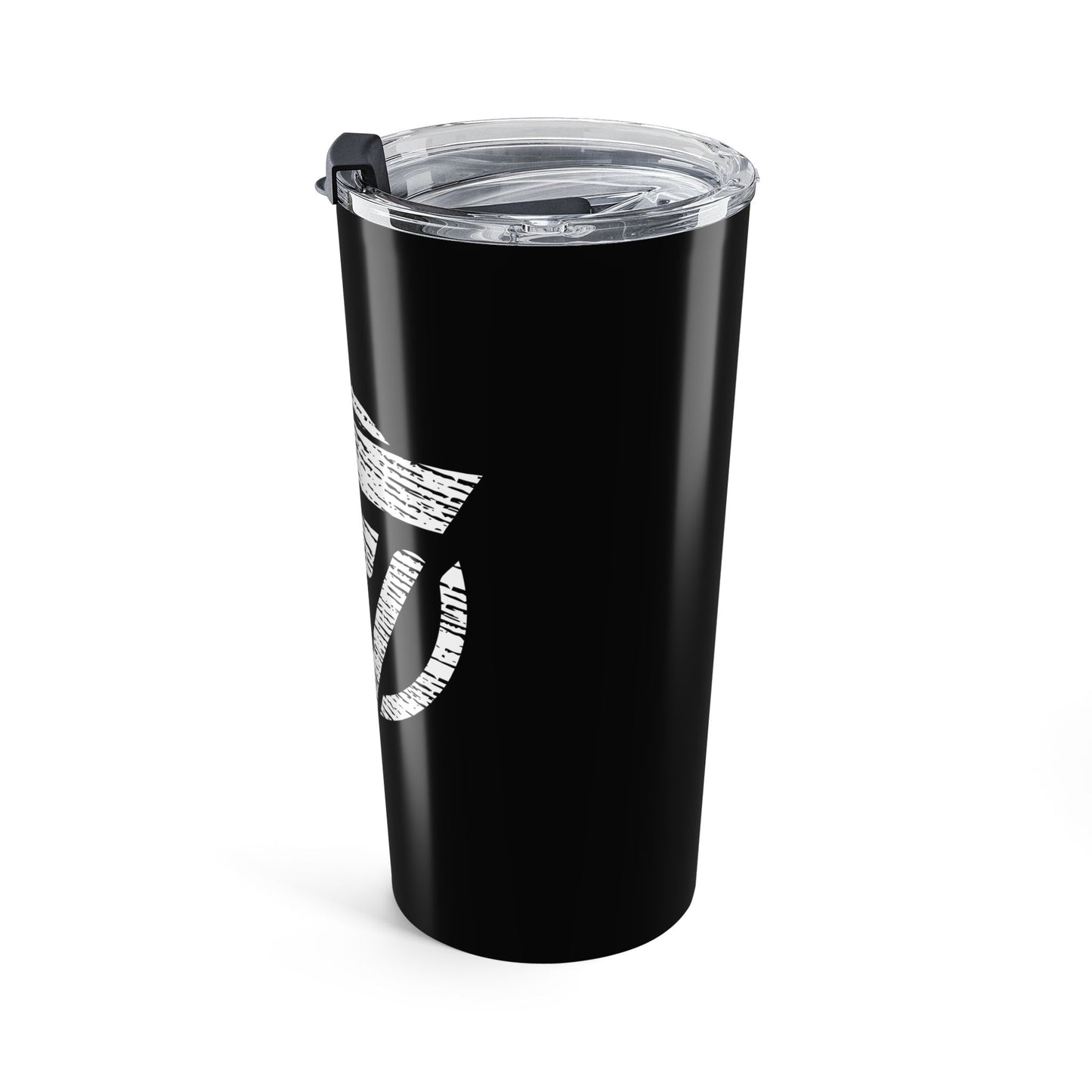 Black tumbler with a white logo on a white background