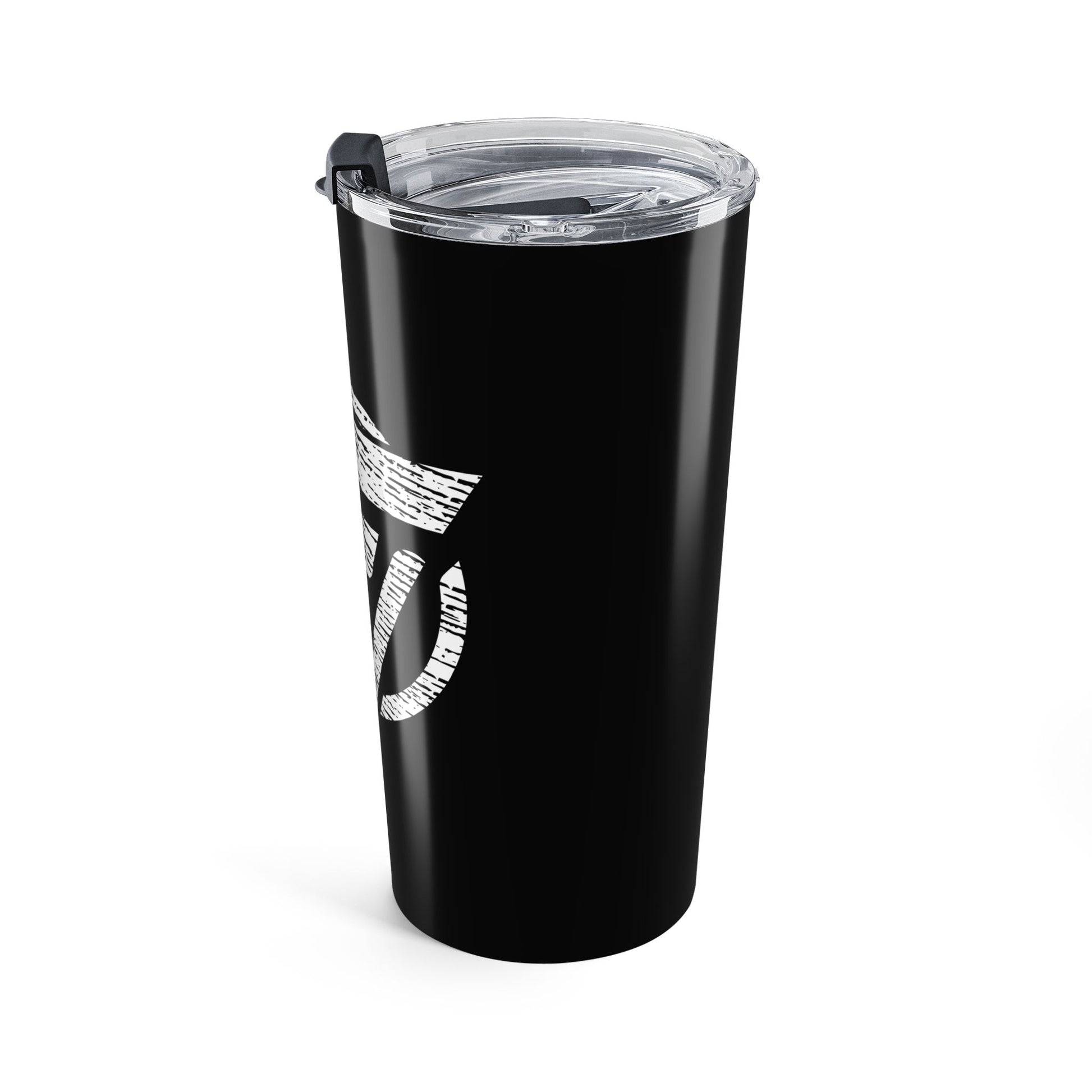 Black tumbler with a white logo on a white background