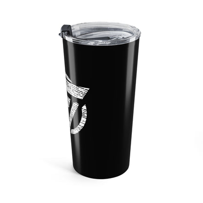 Black tumbler with a white logo on a white background