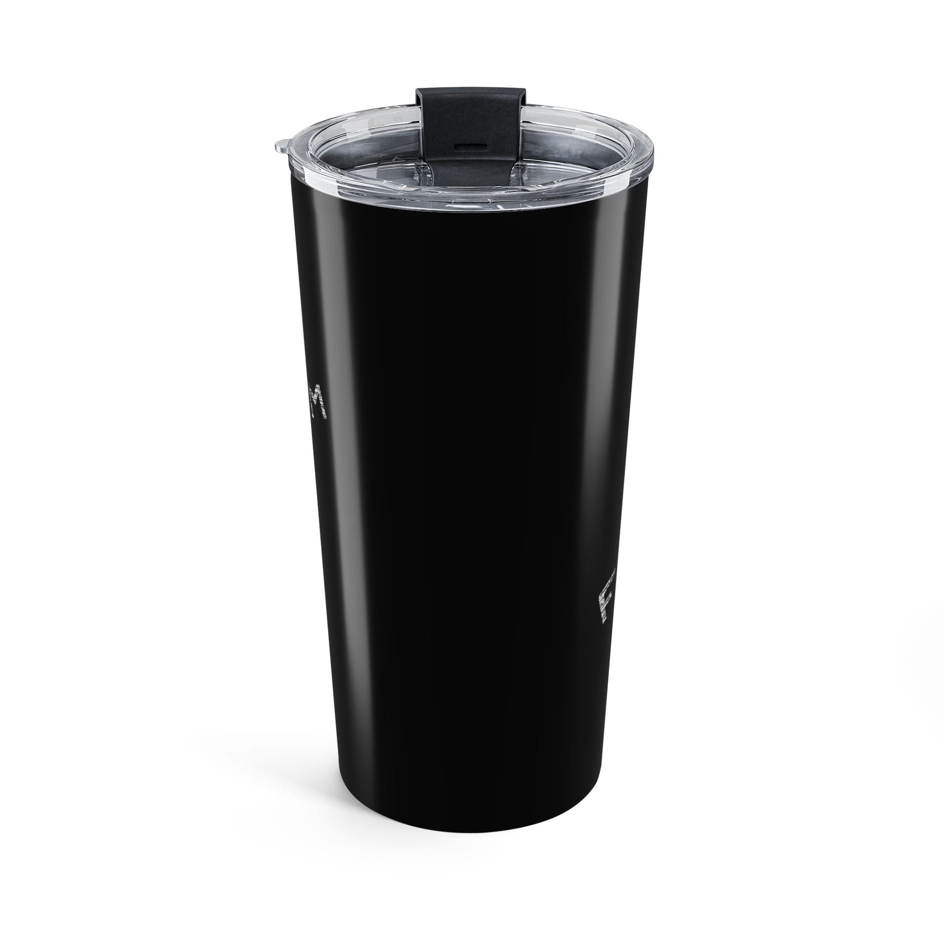 Black tumbler with a clear lid on a white background