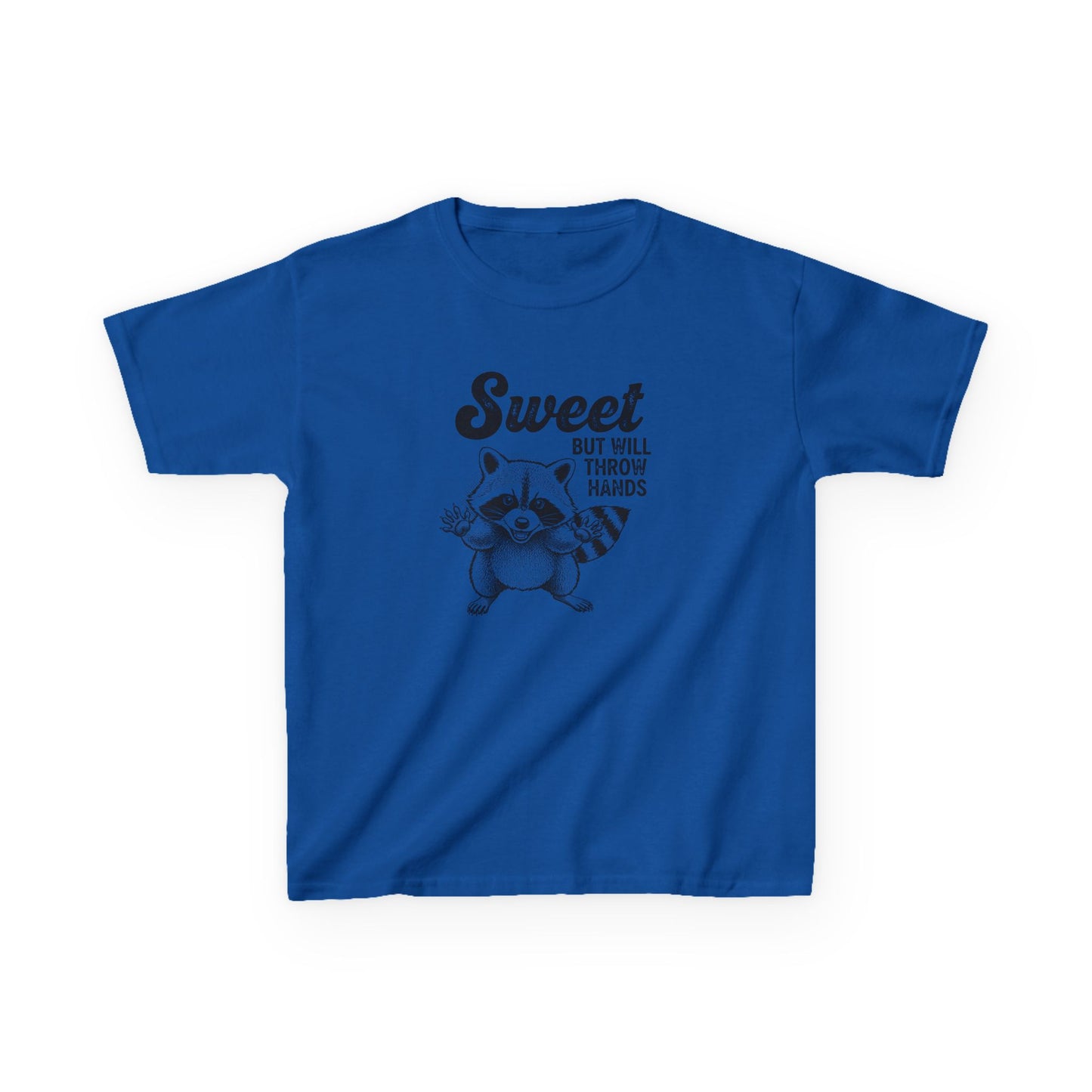 Blue t-shirt with a raccoon graphic and text on a white background
